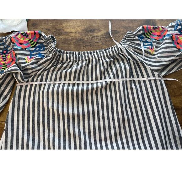 See And Be Seen Womens M Black/White Striped Colorful Embroidery/ Boat Neck - Picture 4 of 8